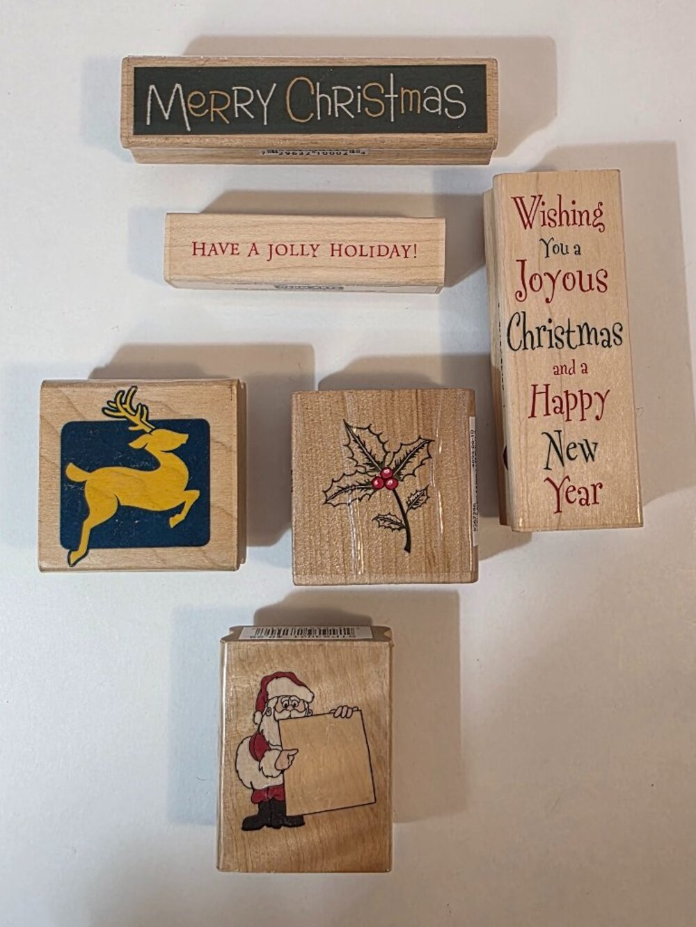 Lot of 6 Christmas Wood Block Stamps Text and Picture Reindeer Merry Christmas